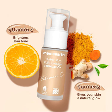 Mamaearth Hydra-Glow Full Coverage Dewy Finish Liquid Foundation With Vitamin C & Turmeric- 30 Ml|Full Coverage|Gives 3X Instant Glow|12-Hour Long Stay & Hydration|Spf 35|Non-Drying (05 Beige Glow)